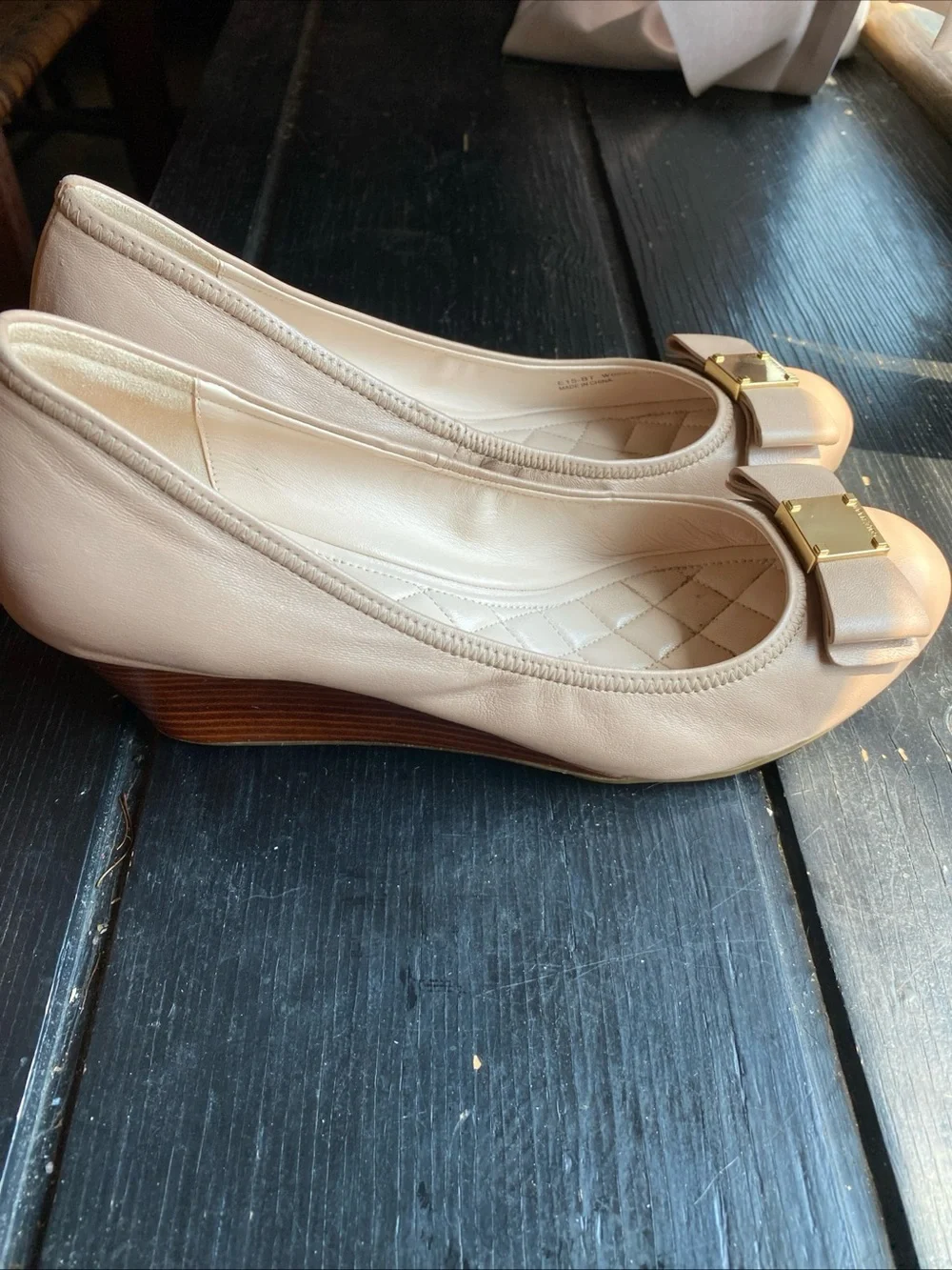 Cole Haan Nude Bow Ballet Flats with Gold Plaque